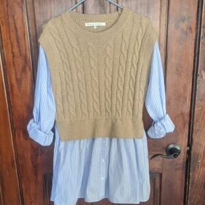 English Factory Tan Cable Knit Vest with Blue Striped Dress